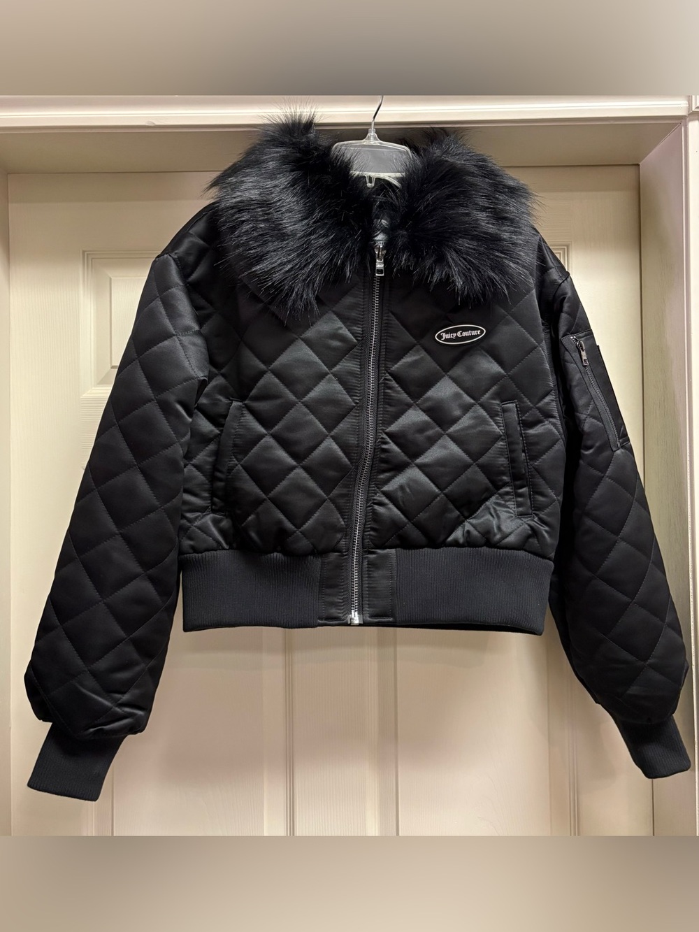 Juicy Couture Black Quilted Bomber Jacket with Faux Fur Collar